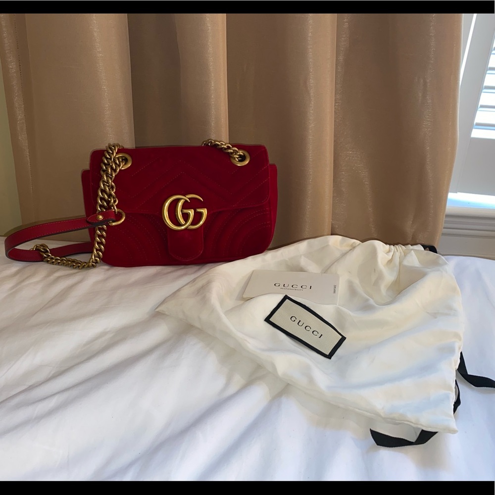 Gucci Red Marmont Matelassé Mini Shoulder Bag with Gold Hardware